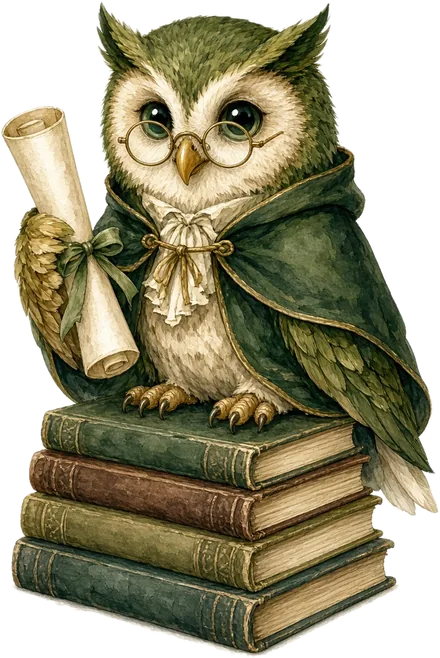 Storybook owl librarian in a green cloak, holding a scroll and perched on a stack of old books